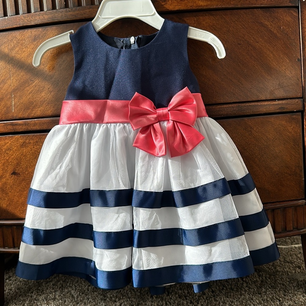 Formal party dress Bonnie baby blue stripe and pink dress 6/9Months